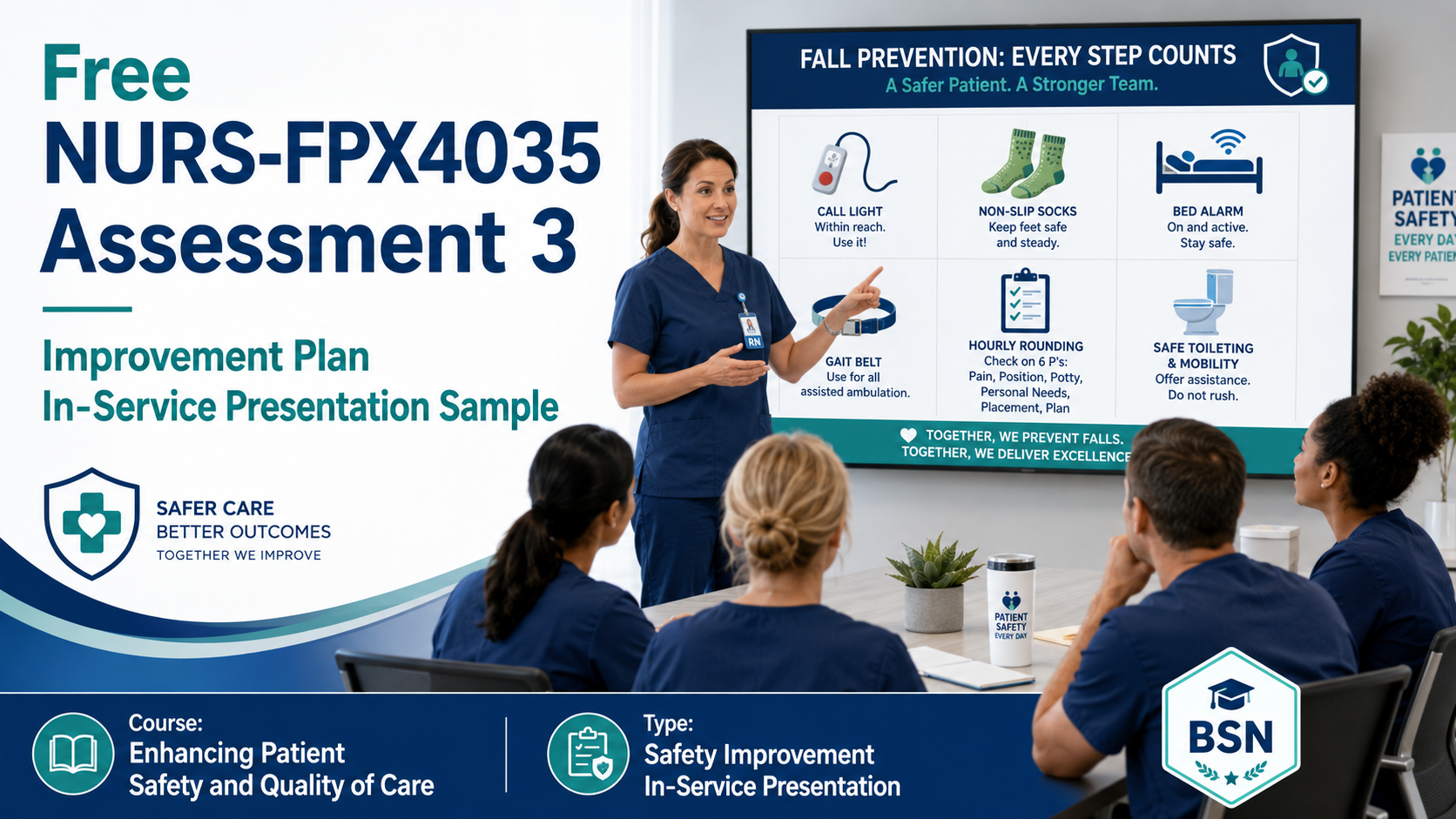 Nurse educator presenting a fall-prevention improvement plan for NURS-FPX4035 Assessment 3 to a nursing team.